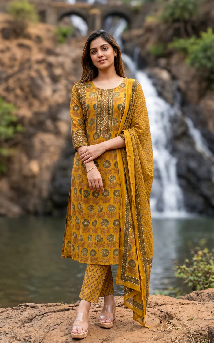 Floral Printed Straight Salwar set – Dark Mustard